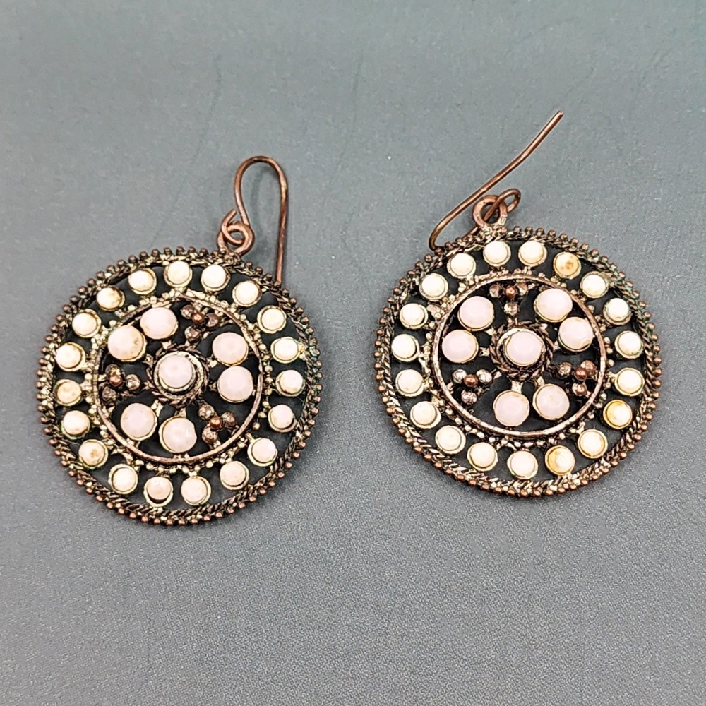 White Glass Cabochon Filigree Round Dangle Earrings Antique Copper Tone Boho